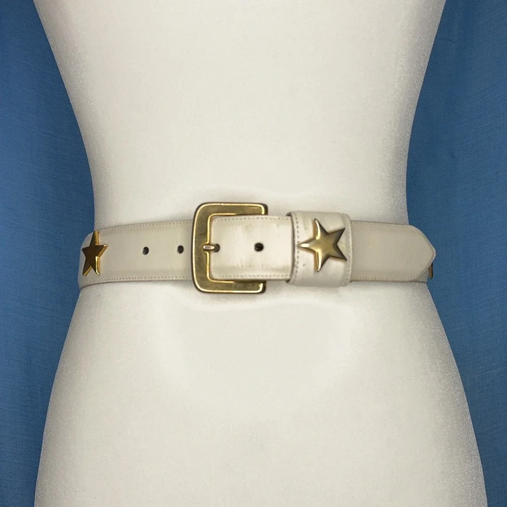 Vintage Avignon White Leather Star Studded Belt Gold Buckle Celestial Small